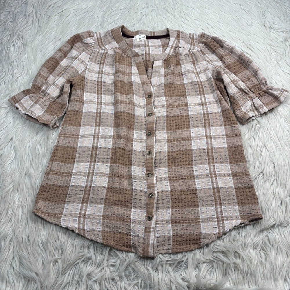 Mason & Belle Women's S Brown Textured Plaid Puff Sleeve Shirt Cottagecore Prep